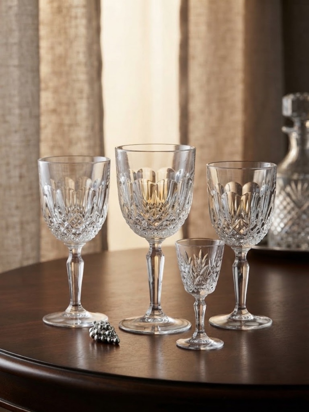 3 Crystal Cut Glass Wine and Cordial Set Goblets 1 mini Clear